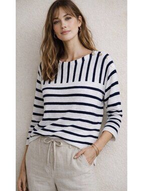 EILEEN FISHER White Navy Stripe Linen Cotton Boatneck Button Shoulder Medium